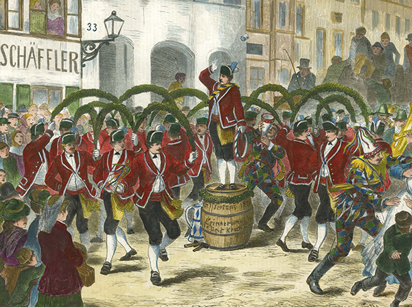 Schäfflertanz in München, 1879, Holzstich, handkoloriert, Monatsblatt aus dem Kalender „Königliches Bayern 2026